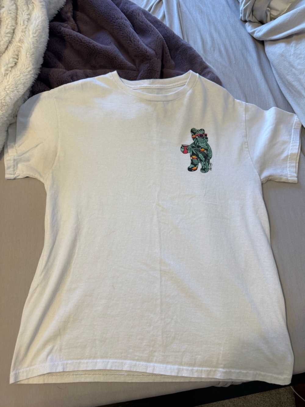 riot society White Short Sleeve Tee with Multicolor Bear Graphic